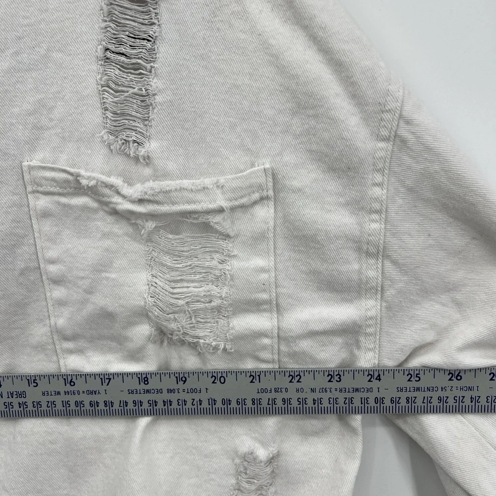 Women's Oversized Pol Thrashed White Denim‎ Jacket Sz L Grunge Punk Emo Fringe